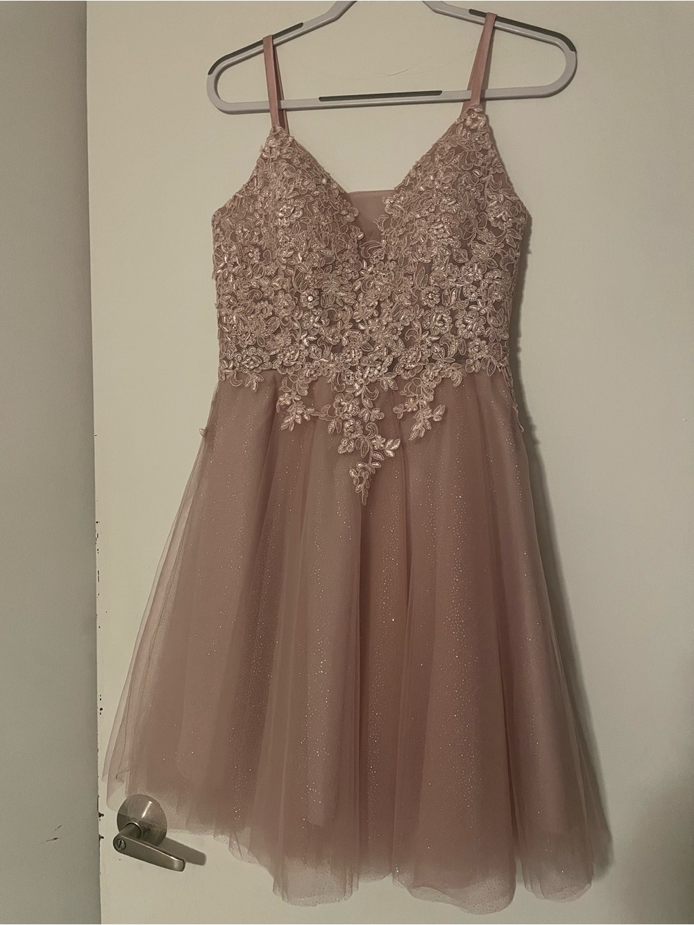 Blush Pink Lace Appliqué Glitter Tulle Fit & Flare Formal Party Dress